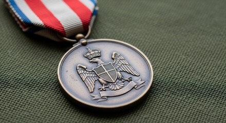 Old military medal on a cloth background, close up shot