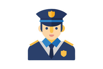 Flat art depicts a fairskinned police officer with a blue uniform and badge emblem