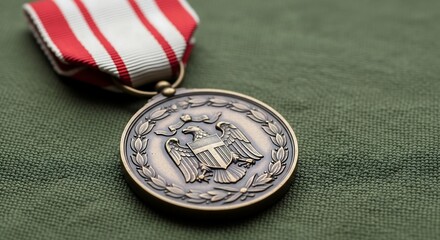 Old military medal on a cloth background, close up shot