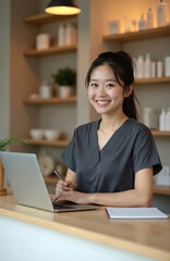 Smiling woman in scrubs works on laptop in beauty clinic. She holds pen, looks at camera, shelves with bottles in background. Expert consults clients online.