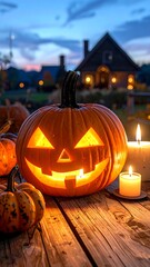 Jack-o'-lantern on wooden table at twilight