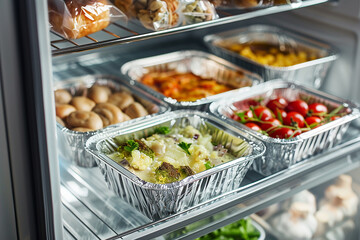 Bright foods in foil on shelf. Food service photography for restaurants, meal prep.