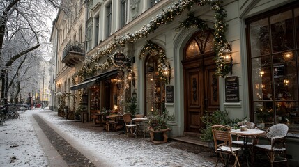 historic cafe restaurant exterior snowfall european architecture winter street empty tables vintage storefront