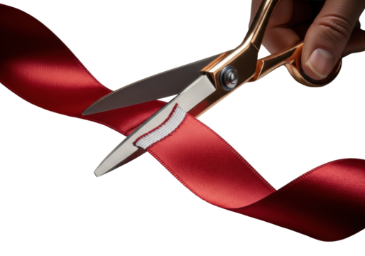 Artisan scissors, rose gold handles, sharp metallic blades, precisely severing crimson satin ribbon on transparent. Precision and craftsmanship concept