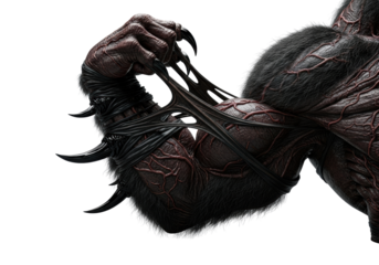 A terrifying, monstrous creature's muscular arm and hand, flexed with obsidian claws embedded, displaying grotesque veins and matted dark fur on a solid transparent background, primeval power concept
