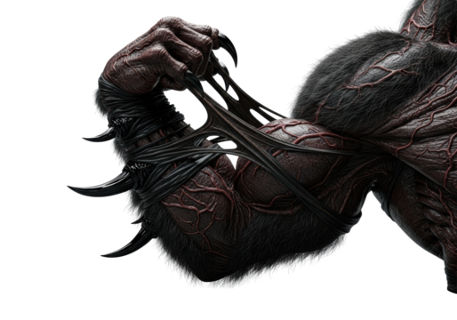 A terrifying, monstrous creature's muscular arm and hand, flexed with obsidian claws embedded, displaying grotesque veins and matted dark fur on a solid transparent background, primeval power concept