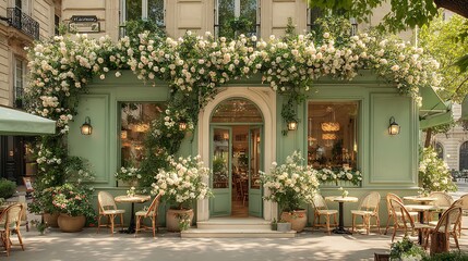 charming french cafe storefront with mint green facade climbing roses outdoor seating paris bistro style restaurant entrance