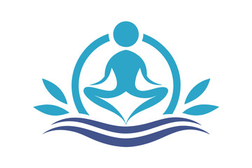 Abstract person sits serenely in blue lotus position above flowing waves and flora