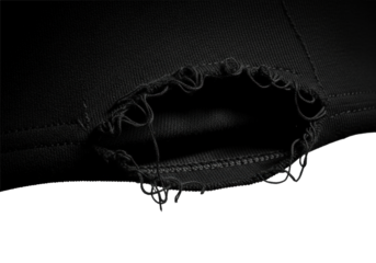 Extreme macro of a black fine-knit cotton t-shirt, dynamically ripped, showcasing intricate weave and unraveling threads on a transparent background, concept of textile damage and material exploration
