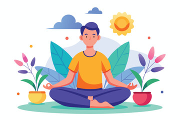 Asian man practices mindfulness while sitting in lotus position among plants and sun