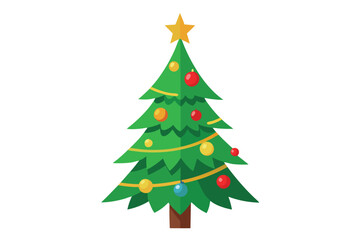 Decorated green Christmas tree features colorful ornaments and a golden star on a white background