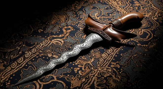 Old keris on batik, lit dramatically, capturing traditional Indonesian essence