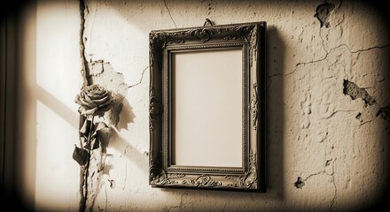 Empty old sepia toned photo frame on a textured wall, evoking memory