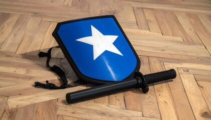 Toy shield and sword on wooden floor