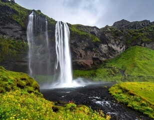 Obraz premium Dramatic waterfall cascading down rocky cliffs
