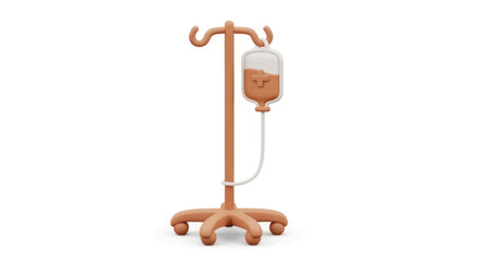 A rolling medical IV drip stand with an intravenous bag containing a brown fluid.