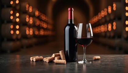 Red wine bottle and glass sit on dark table with scattered corks. Wine cellar background with blurred barrels and warm lights creates elegant mood. Perfect for ads.