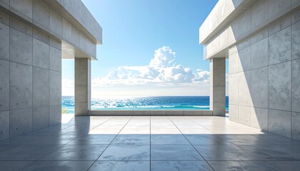 Concrete structure framing ocean, blue sky, and clouds creating a serene vista