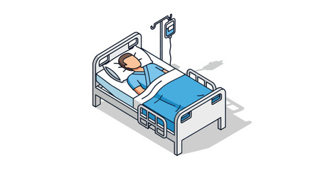 Patient in Hospital Bed with IV Drip Isometric Illustration.