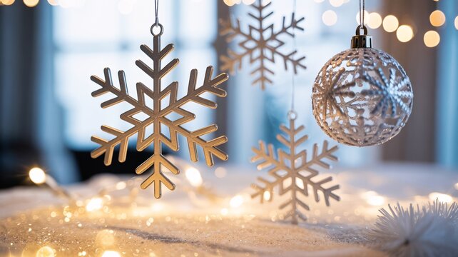 Close up of christmas decorations with snowflakes and a bauble against a blurred background - Powered by Adobe