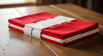 Neatly folded red and white fabric on a wooden table, for symbolic unity
