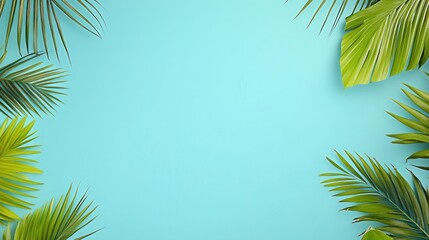 Fototapeta premium Lush tropical palm leaves frame on light blue background
