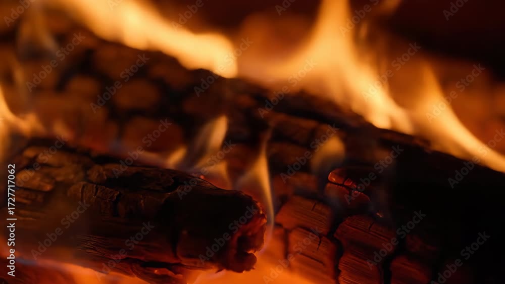 Sticker macro view of burning wood, charring slowly with intricate patterns of flame transformation, burning