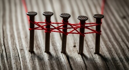Symbolic unity: red thread tying together five nails on a wooden plank