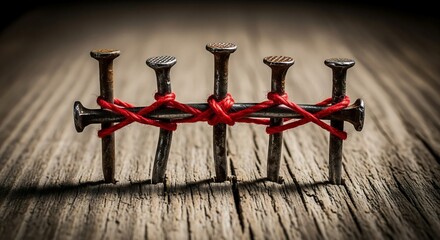 A wooden plank with five nails bound by red thread, for symbolic unity