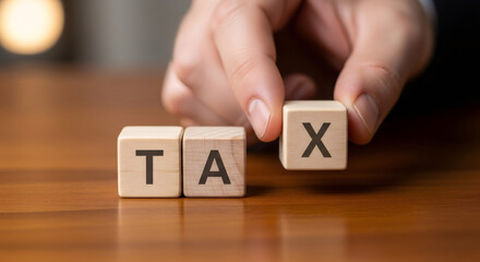 Fototapeta premium Man hand arranging wooden blocks to spell out word tax. Financial obligation and government revenue concept. Tax season and accounting.
