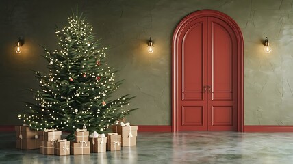 Festive christmas tree decorating gifts in elegant hallway with red door