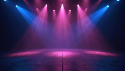 Dark stage with purple and blue spotlights creates dramatic atmosphere. Smoke and laser beams fill empty space on concrete floor. Futuristic club or theater scene.