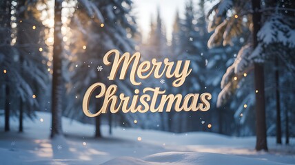 Magical snowy forest with merry christmas text overlay