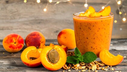 Peach smoothie in glass with fresh peaches, mint, and granola, against rustic wood background