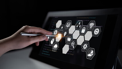 Hexagon interface combining AI, data, analytics, and cybersecurity. AI connects systems, data...
