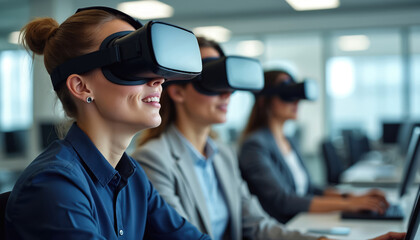 Three women wearing VR headsets in an office learning. They are in a corporate environment, using tech for training. People collaborate with virtual reality.