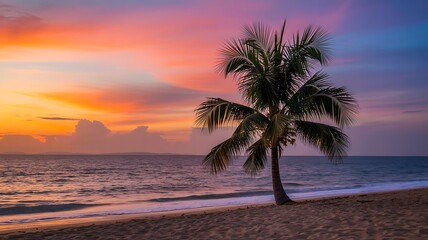 Tropical palm tree on beach at sunset with vibrant sky
