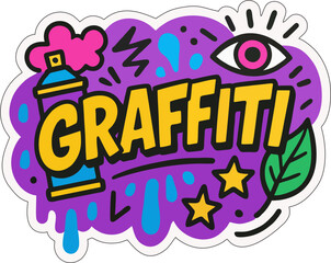 Obraz premium Colorful graffiti sticker with spray paint can, bold graffiti text, paint splashes, and vibrant urban street art style on gray background.