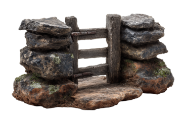 Rustic stone garden gate with three stacked tiers and wooden crossbar, isolated on transparent background.
