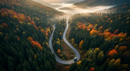 Aerial View of Winding Mountain Road Through Autumn Forest with Misty Valley at Sunrise
