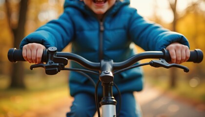 Naklejka premium Child rides bike with joy in autumn park. Kid grips handlebars with happiness and excitement. Blurred background shows fall foliage and trees during outdoor activity.