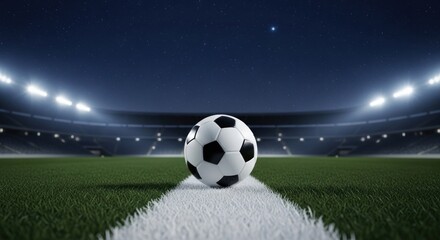 Fototapeta premium A soccer ball sits on the white line of a green field, with a stadium and bright lights visible in the background under a dark blue sky.