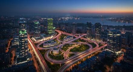 Fototapeta premium Aerial view of modern city highway interchange at dusk with light trails