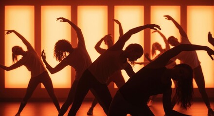 Silhouettes of a group in a fitness class performing a synchronized stretch. Dancers in a modern studio with a warm orange glowing background. Wellness and exercise concept