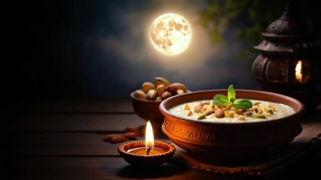 Full moon celebration, kheer offering with diya, Sharad Purnima night, Hindu festival ritual, sacred food, traditional Indian dessert, spiritual devotion, cultural heritage, festive atmosphere