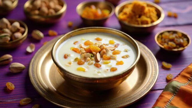 Sharad Purnima, traditional kheer, khir, festive Indian dessert, sweet dish with dry fruits, cultural celebration, sacred food offering, Hindu festival cuisine, ritual meal, doodh pheni