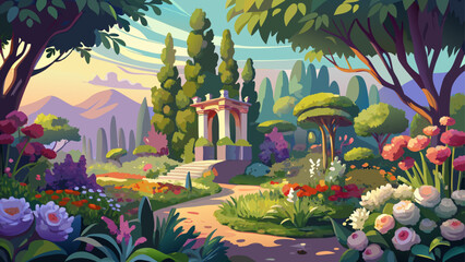 This garden scene painted in soft impressionist brush strokes reveals gentle colors, poetic landscapes, blossoming plants, dreamy tones, and expressive textures, radiating beauty with artistic 