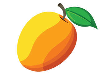 A cartoon yellow mango fruit displays a brown stem and vibrant green leaf