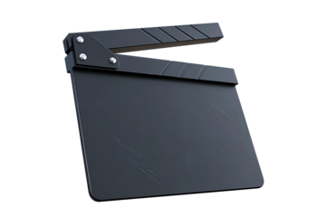 Film clapperboard in matte finish with aluminum hinge rivets, isolated on transparent background.
