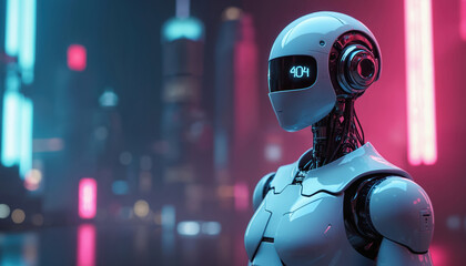 Robot avatar shows 404 error on its screen face. Futuristic android stands in neon city lights. Artificial intelligence system glitch concept.